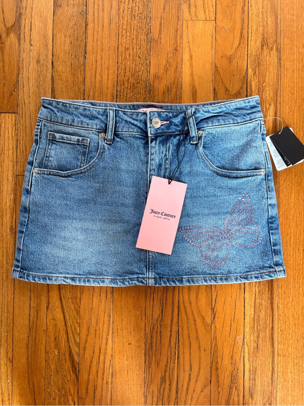 NWT Juicy Couture Light Blue Denim Low Rise Mini Skirt with Rhinestone Butterfly